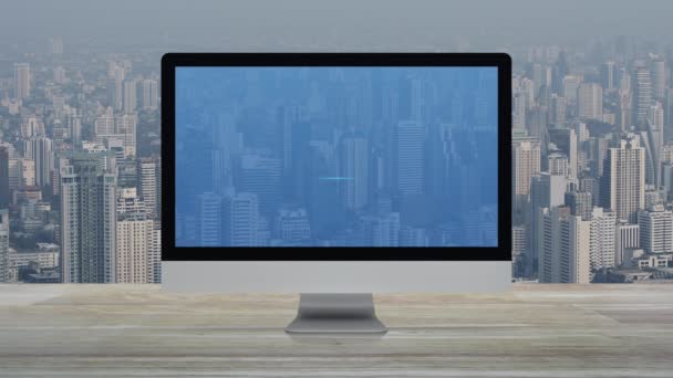 Pictograma Semnului Informații Ecranul Monitorului Computerului Modern Masa Lemn Peste — Videoclip de stoc