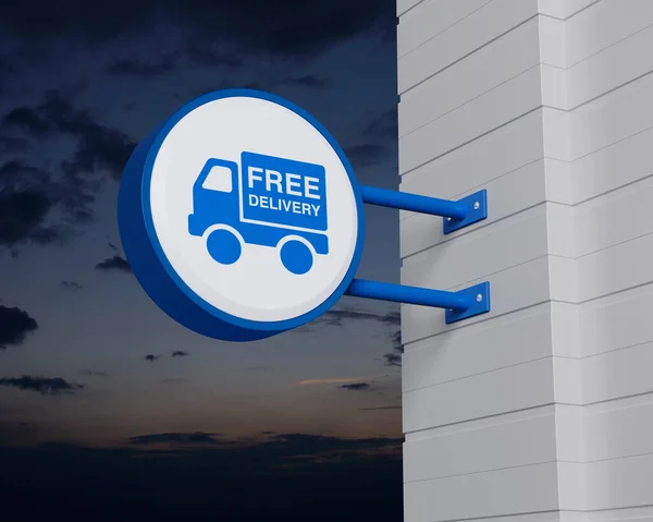 免费送货卡车图标悬挂蓝色圆形标志在日落的天空 商务运输服务的概念 3D渲染 — 图库照片