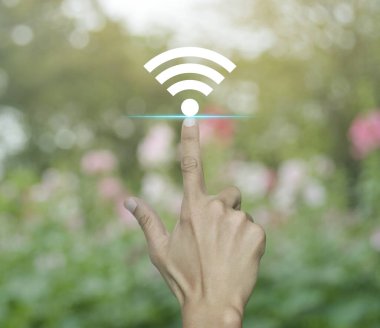 Pembe çiçek ve parktaki ağaç üzerine el ile Wi-Fi düz ikonu basmak, Teknoloji İnternet iletişimi kavramı