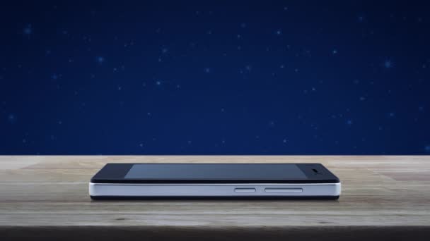 幻想的な夜空と月の上に木製のテーブルの上に現代のスマート携帯電話の画面上のドキュメントフラットアイコン 技術インターネットオンラインコンセプト — ストック動画