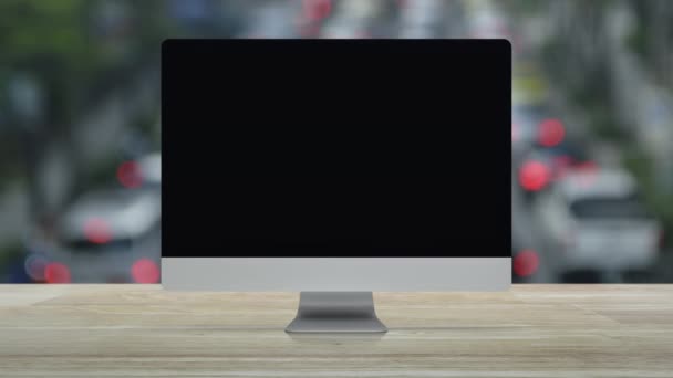 Camera Icon Desktop Modern Computer Monitor Screen Wooden Table Blur — Stock Video