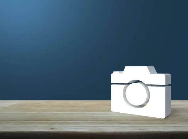 Camera 3d icon on wooden table over light blue wall, Business camera service shop concept