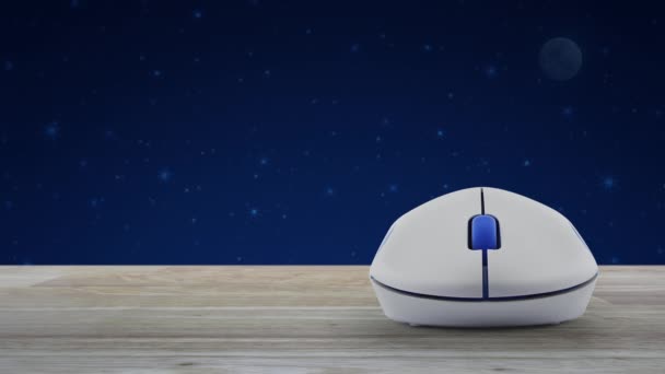 空想的な夜空と月の上に木のテーブル上のワイヤレスコンピュータマウスとシールドフラットアイコン付きドル ビジネスマネー保険と保護オンラインコンセプト — ストック動画