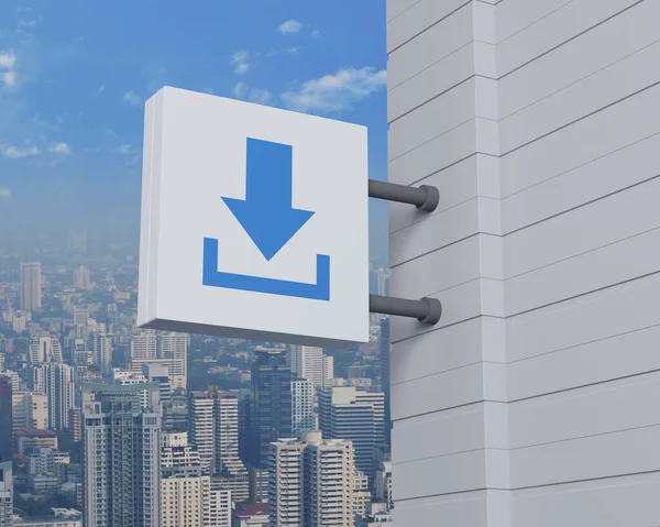 現代都市タワー オフィスビル 高層ビル テクノロジーインターネットのオンラインコンセプト 3Dレンダリングの上に白い正方形の看板を掛ける上のアイコンをダウンロード — ストック写真
