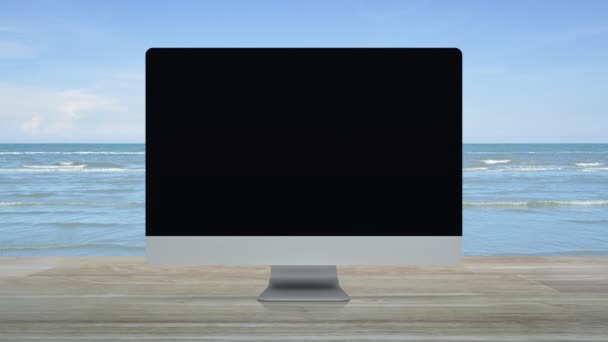 Ícone Documento Tela Monitor Computador Moderna Mesa Madeira Sobre Mar — Vídeo de Stock
