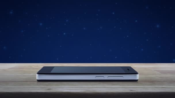 现代智能手机屏幕上的电源按钮扁平图标挂在木制桌子上 在幻想的夜空和月亮之上 — 图库视频影像