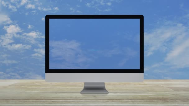 Masaüstü Modern Bilgisayar Monitörü Ekranında Bilgi Işareti Simgesi Beyaz Bulutlu — Stok video