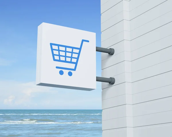 Shop cart icon on hanging white square signboard over tropical sea and blue sky with white clouds, Business shopping online concept, 3D rendering