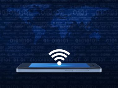 Dünya haritası üzerinde modern akıllı cep telefonu ekranında Wi-fi simgesi ve bilgisayar ikili kod mavi arkaplan, Teknoloji İnternet çevrimiçi konsepti, NASA tarafından desteklenen bu görüntünün elemanları