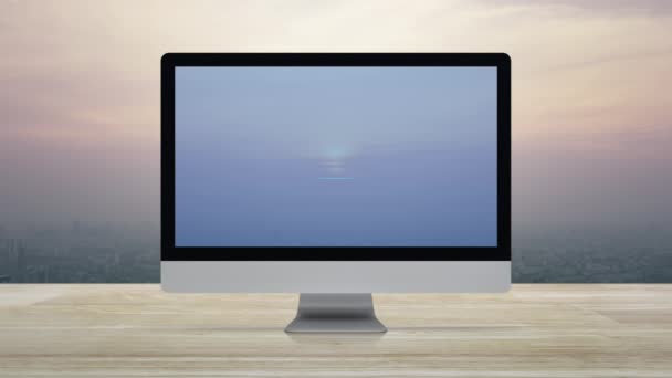 빈티지 스타일 비즈니스 서비스 온라인 개념에 타워와 테이블에 컴퓨터 모니터 — 비디오