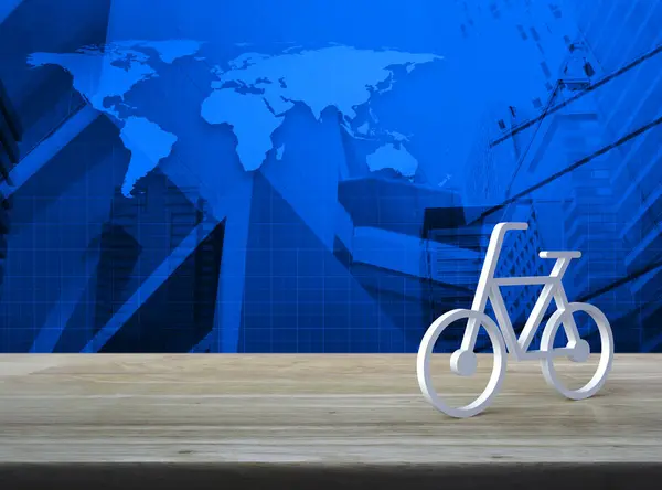 Ícone Bicicleta Mesa Madeira Sobre Mapa Mundo Torre Moderna Cidade — Fotografia de Stock