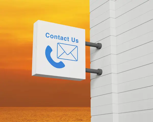 Telephone and email icon on hanging white square signboard over sunset sky and sea, Business contact us and customer service concept, 3D rendering