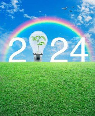 2024 beyaz yazı ve ampul içinde küçük ağaç olan yeşil çimlerin üzerinde gökkuşağı üzerinde kuşlar ve mavi gökyüzü beyaz bulutlarla mutlu yeni yıl 2024 ekolojik örtülü konsept