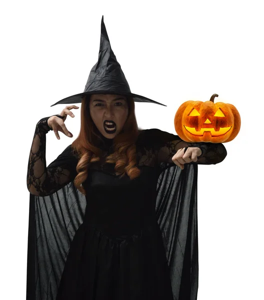 Halloween Heks Met Pompoen Monster Hoofd Geïsoleerd Witte Achtergrond — Stockfoto