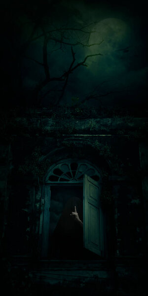 Grim reaper showing silence sign with finger standing over ancient castle window, full moon with spooky cloudy sky, Halloween mystery concept