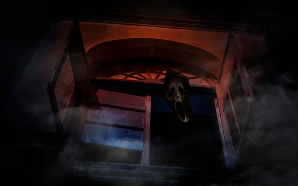 Призрак Стоящий Старинном Оконном Замке Загадка Хэллоуина — стоковое фото