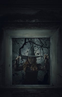 Korkunç cadılar bayramı cadısı eski hasarlı ahşap pencerede duruyor, duvarları haçın üzerinde, kilise, kuşlar, ölü ağaç ve ürkütücü bulutlu gökyüzü, Cadılar Bayramı gizemi kavramı
