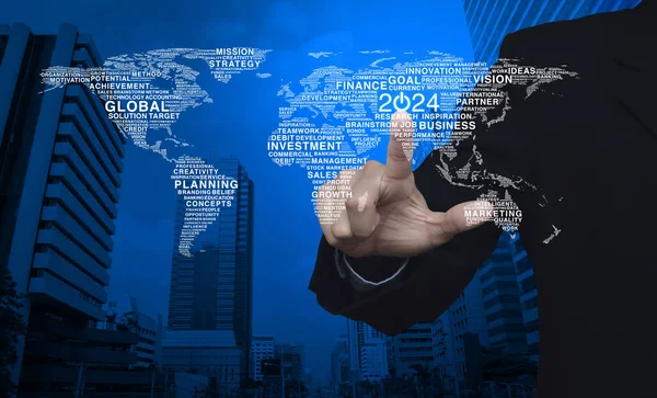 Businessman Pressing 2024 Start Business Icon Global Words World Map Stock Photo