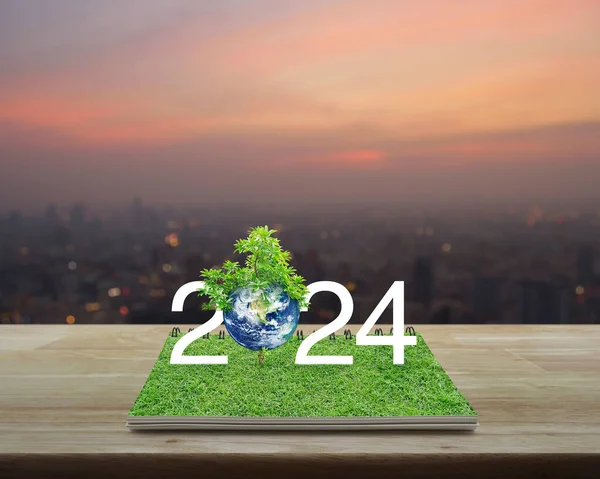 2024 暖かい光の日没 ハッピーニューイヤー2024エコロジカルカバー 地球のコンセプトを保存 Nasaが提供するこの画像の要素に木製のテーブル上の緑の草の上の惑星と木の白いテキスト ストック画像