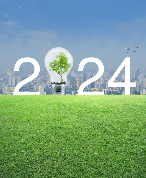 現代都市タワーおよび高層ビル上の緑の草のフィールドの内部の木が付いている2024白いテキストおよびライト球根 幸せな新年2024の生態学的なカバーの概念 ストックフォト