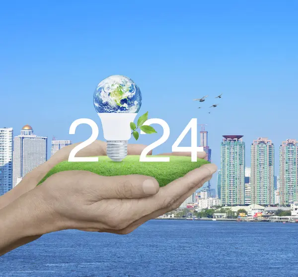 2024 white text and earth globe inside led light bulb with fresh leaves on green grass in hands over city tower, river and birds, Happy new year 2024 green ecology concept, Elements of this image furnished by NASA