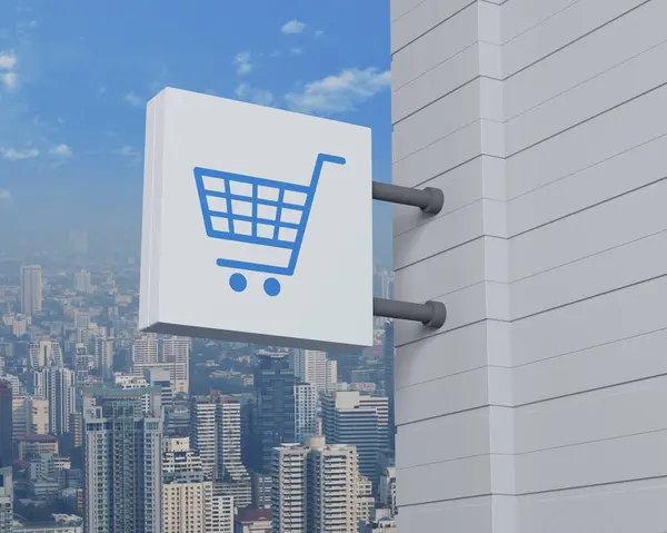 Shop cart icon on hanging white square signboard over modern city tower, office building and skyscraper, Business shopping online concept, 3D rendering