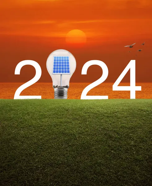 2024 white letter and light bulb with solar cell inside on green grass field over sunset sky and sea with birds, Happy new year 2024 ecological cover concept