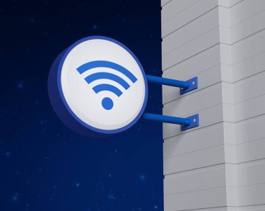 Fantezi gece gökyüzü üzerinde mavi yuvarlak tabela asılı Wi-Fi düz ikonu, Teknoloji İnternet iletişim konsepti, 3D görüntüleme