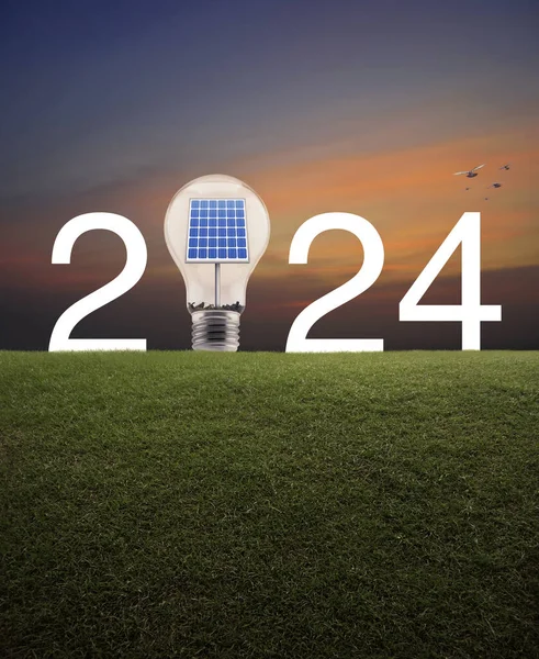 2024 Vit Bokstav Och Glödlampa Med Solcell Inuti Grönt Gräs Stockbild