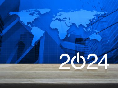 2024 dünya haritası, modern şehir kulesi ve gökdelen üzerinde düz simge oluşturun. Yeni yıl 2024 başarı konsepti, NASA tarafından desteklenen bu görüntünün elementleri.