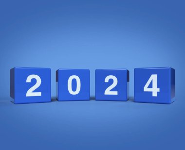 3D görüntüleme, açık mavi arkaplanda 2024 harf kübü çizimi, Mutlu yıllar 2024 kapak konsepti
