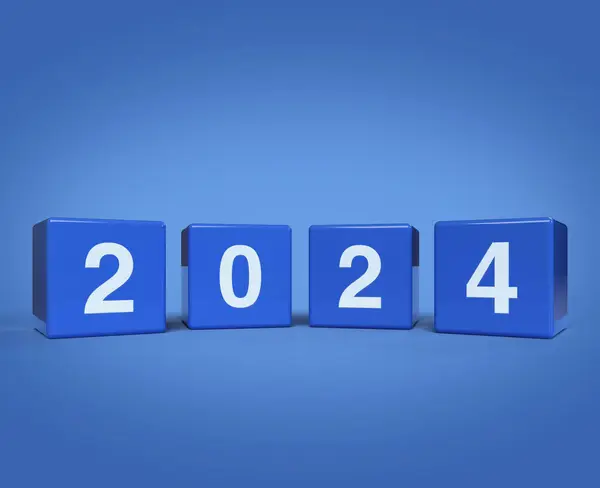 3D görüntüleme, açık mavi arkaplanda 2024 harf kübü çizimi, Mutlu yıllar 2024 kapak konsepti