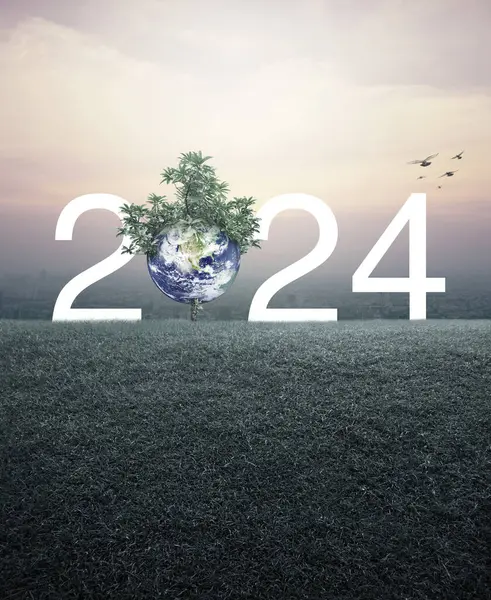 2024 beyaz metin, gezegen ve ağaç ile yeşil çimlerin üzerinde hava manzarası günbatımında, klasik tarzda, 2024 yılının ekolojik kapağı, Dünya kavramını koru, NASA tarafından desteklenen bu görüntünün elementleri