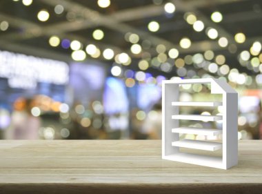 Bulanık ışık ve alışveriş merkezinin gölgesi üzerine ahşap masadaki 3D simge, çevrimiçi teknoloji iletişimi, 3D Rending