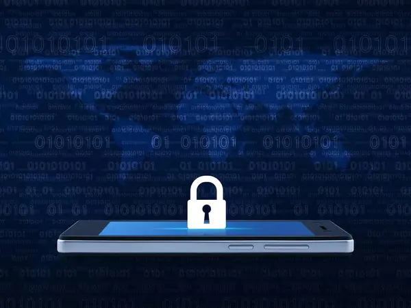 Key icon on modern smart mobile phone screen on wooden table over world map and computer binary code blue background, Business internet security and safety online concept, Elements of this image furnished by NASA