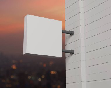 Sıcak gün batımında şehir manzarasının bulanık görünümüne beyaz kare tabelasını asmak, 3D görüntüleme