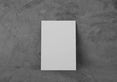 Boş beyaz dikey dikdörtgen A4 kağıt maketi gri beton zemin ve duvarda, 3D görüntüleme
