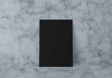 Boş siyah dikey dikdörtgen A4 kağıt kaplama mermer zemin ve duvar, 3D görüntüleme