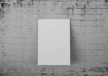 Boş beyaz dikdörtgen kağıt kaplama. Pis beyaz beton zemin ve duvarda, 3D görüntüleme.