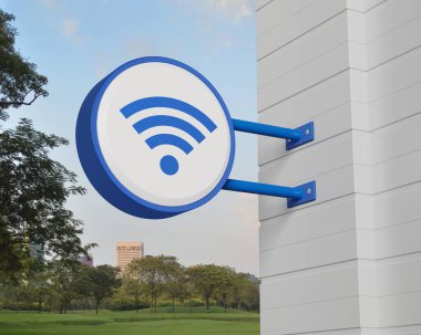 Wi-Fi düz simgesi yeşil çimen alanı ve parktaki ağaçların üzerine mavi yuvarlak tabela asma, teknoloji internet iletişim konsepti, 3D görüntüleme