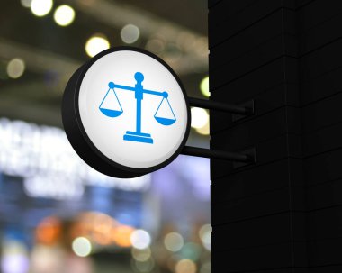 Görüntü ve alışveriş merkezinin gölgesi üzerine siyah yuvarlak tabela asma yasası simgesi, iş hukuki hizmet kavramı, 3D sunum