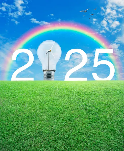 İçinde rüzgar türbini olan 2025 beyaz metin ve ampul gökkuşağı üzerindeki yeşil çimen tarlasında, kuşlar ve mavi gökyüzü beyaz bulutlu, mutlu yeni yıl 2025 ekolojik örtülü konsept