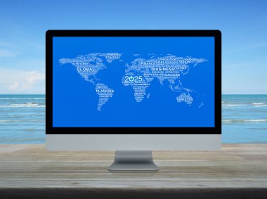 2025 iş simgesini küresel sözcüklerle başlat dünya haritası tropikal deniz üzerinde bilgisayar ekranında, mutlu yıllar 2025 küresel iş dünyası online konsepte başladı, NASA tarafından desteklenen bu görüntünün elemanları