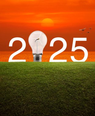 2025 beyaz yazı ve ampul içinde rüzgar türbini olan yeşil çimlerin üzerinde günbatımı gökyüzü ve denizin üzerinde kuşlarla birlikte. Mutlu yeni yıl 2025 ekolojik kapak kavramı.