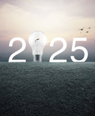 2025 beyaz yazı ve ampul, içinde rüzgar türbini olan yeşil çimen tarlasında günbatımında şehir manzarası, klasik tarzda, mutlu yeni yıl ekolojik kapak konsepti.
