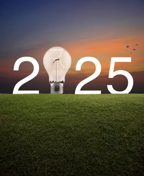2025 beyaz yazı ve ampul, içinde rüzgar türbini olan yeşil çimen tarlasında gün batımı gökyüzünde kuşlarla birlikte, mutlu yıllar 2025 yeşil ekoloji ve tasarruf enerji kavramı.