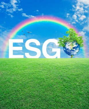 Gökkuşağı, kuşlar ve mavi gökyüzü, Çevresel Sosyal Kurumsal Yönetim kavramı, Toprak kavramını koru, NASA tarafından desteklenen bu görüntünün elementleri.