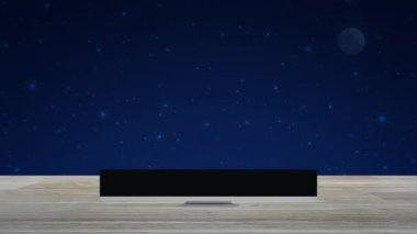 Power button icon on desktop modern computer monitor screen on wooden table over fantasy night sky and moon, Business start up online concept