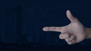 Dünya haritası, modern şehir kulesi ve gökdelen, iş müziği online konsepti, NASA tarafından desteklenen bu görüntünün elemanları
