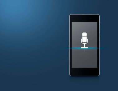 Açık mavi arkaplan üzerinde modern akıllı cep telefonu ekranı üzerinde mikrofon yassı simgesi, iş iletişimi çevrimiçi kavramı